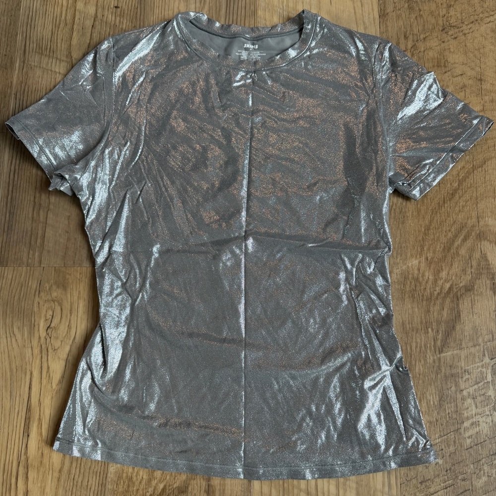 SKIMS Shimmering Silver Short Sleeve Top